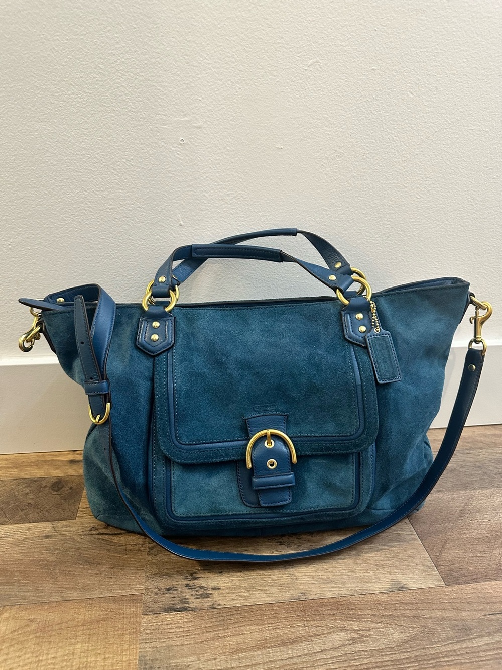Coach Campbell Izzy Suede Satchel F25300 Teal Blue Leather Crossbody Bag